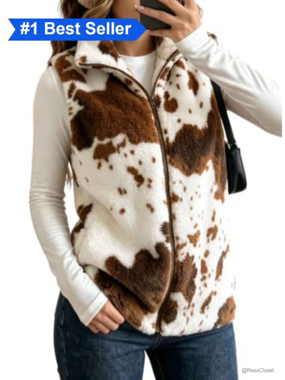 Dokotoo Womens Fleece Vest Zip Up Cow Print Sherpa Sleeveless Jacket